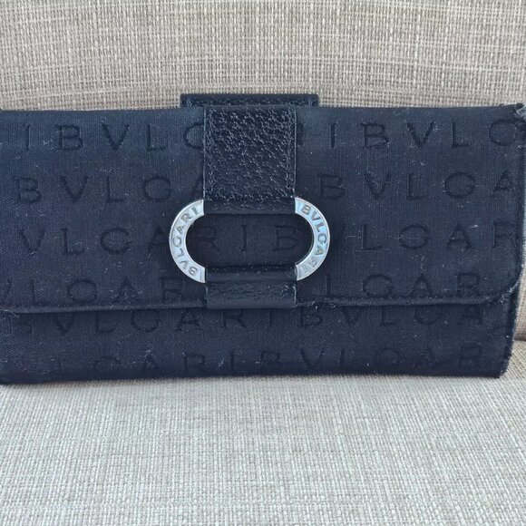 BVLGARI Clutch Long Wallet Card Holder Black Leather/Canvas Bag Purse Made Italy - Picture 2 of 14